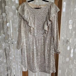 H&M XL Elegant Champaign Sequin Long Sleeve Dress Barbiecore Sparkle Glitter